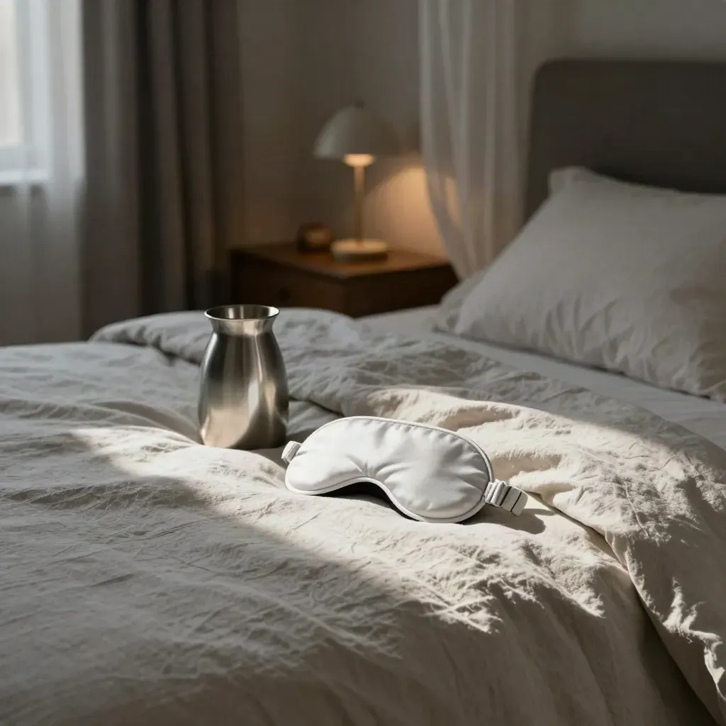 Bedside linen bedscape with sleep mask, metal carafe, lamp glow and drifting curtain.