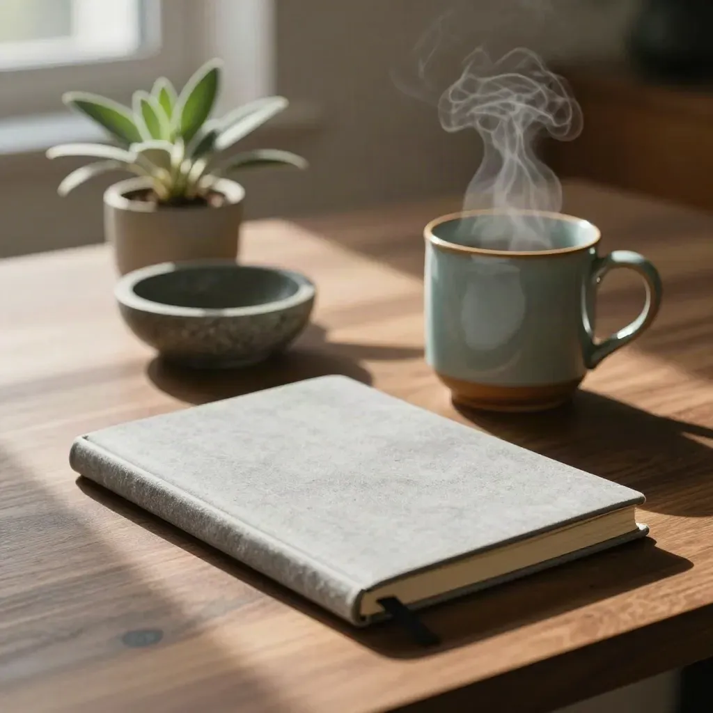 Muted teal mug, closed notebook, stone bowl and plant on a sunlit desk.