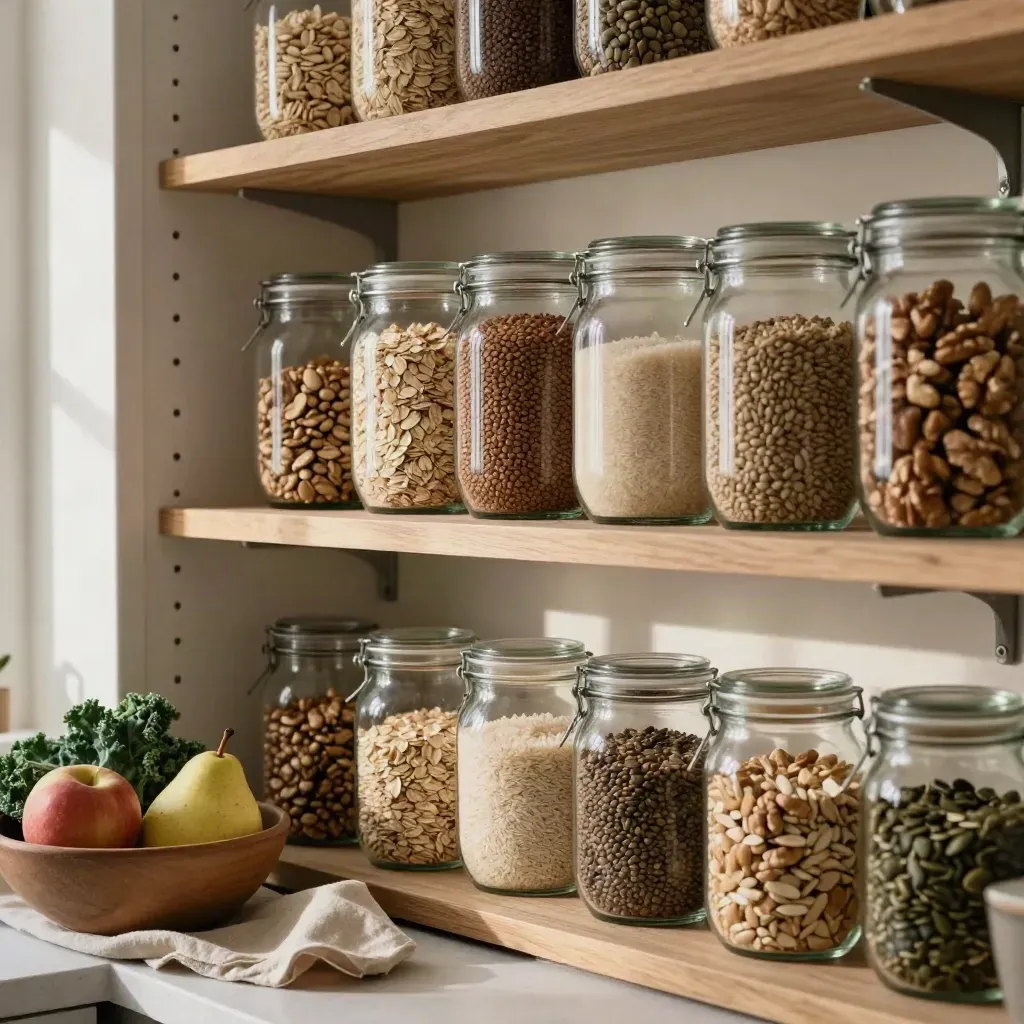 Open pantry with jars of grains, nuts and fresh produce in soft daylight.