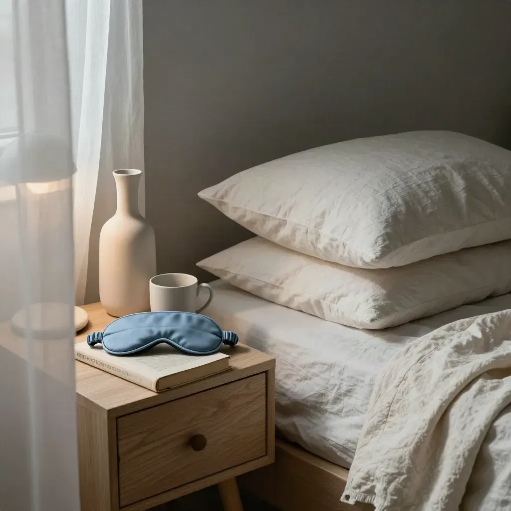 Bedside sleep reset setup with carafe, pillows, sleep mask, and a dimmed lamp by a curtained bed.