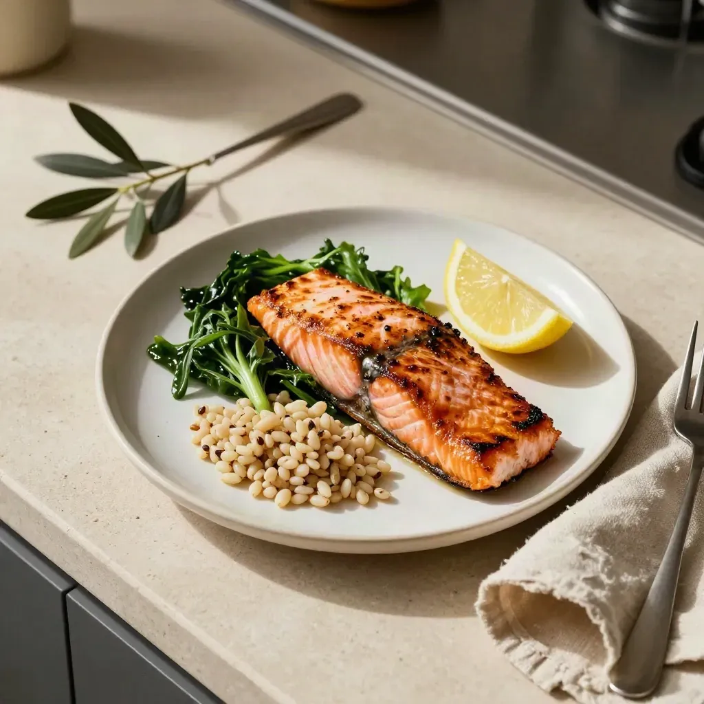 Overhead salmon lunch plate with greens, grain, and lemon on a stone counter.
