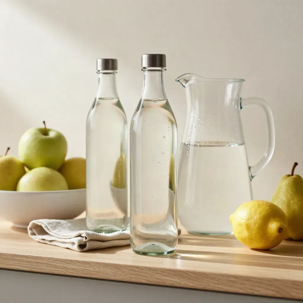 Filled water bottles, pitcher and fruit bowl on a bright breakfast shelf.