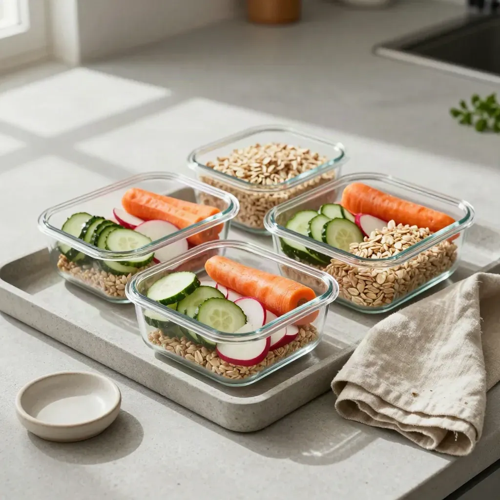 Meal-prep containers with sliced vegetables on a stone tray with linen and ceramic dish.